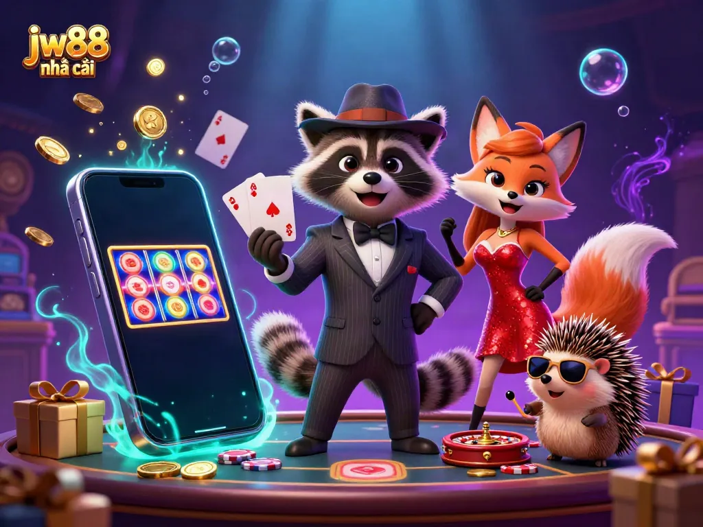 Engage in thrilling casino adventures with jw88 nhà cái featuring cartoon raccoon and fox in dazzling scene.