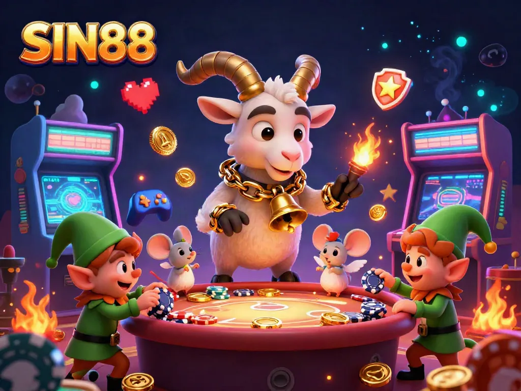 SIN88 casino scene with a festive Krampus goat managing chaos, playful gremlins, and vibrant game elements.