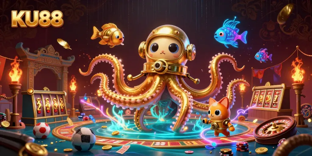 Experience the thrilling underwater adventure with KU88, featuring a kraken, diving cat, and vibrant game elements.