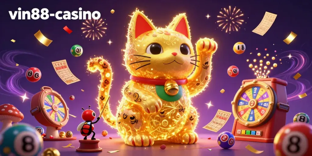 Engage with colorful luck at vin88-casino featuring a giant lucky cat, vibrant lottery scenes, and festive elements.