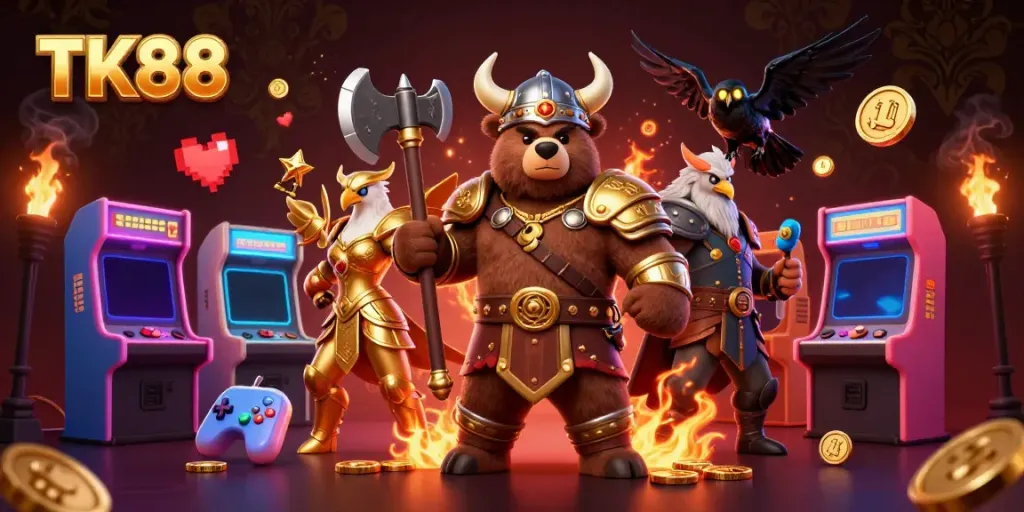 Join the action at TK88 with a vivid scene of a Viking berserker and a Valkyrie eagle amid a vibrant casino game atmosphere.