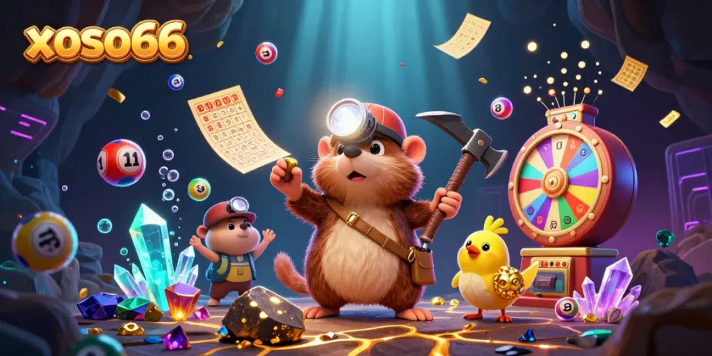 xoso66 gaming scene featuring cartoon mole mining treasure with lottery balls flying in the background.