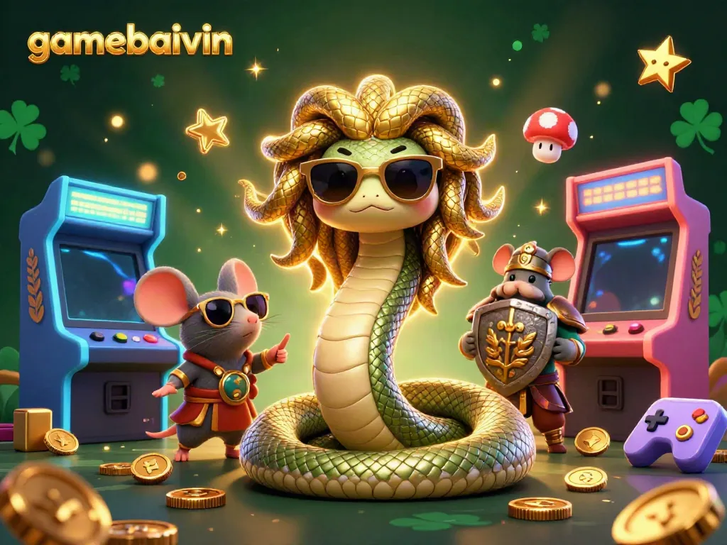 Spin big wins with gamebaivin and 3D casino characters in a vibrant arcade scene