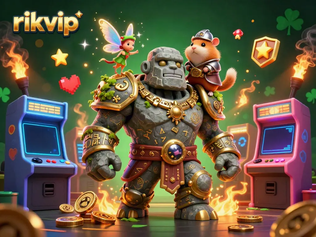 Experience thrilling gameplay at rikvip with a magical adventure featuring a golem, fairy, and hamster knight.