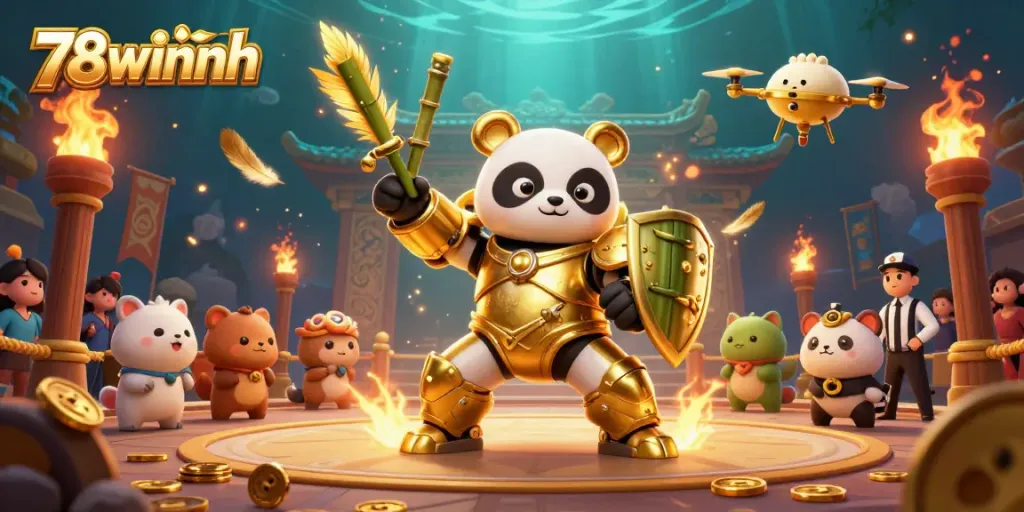 Engage in thrilling gameplay at 78winnh with colorful visuals of a mech-suit golden panda and a vibrant gambling arena.
