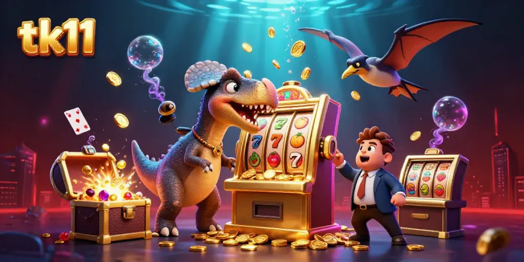 tk11 slot machine illustration featuring pachycephalosaurus and pteranodon collecting coins.