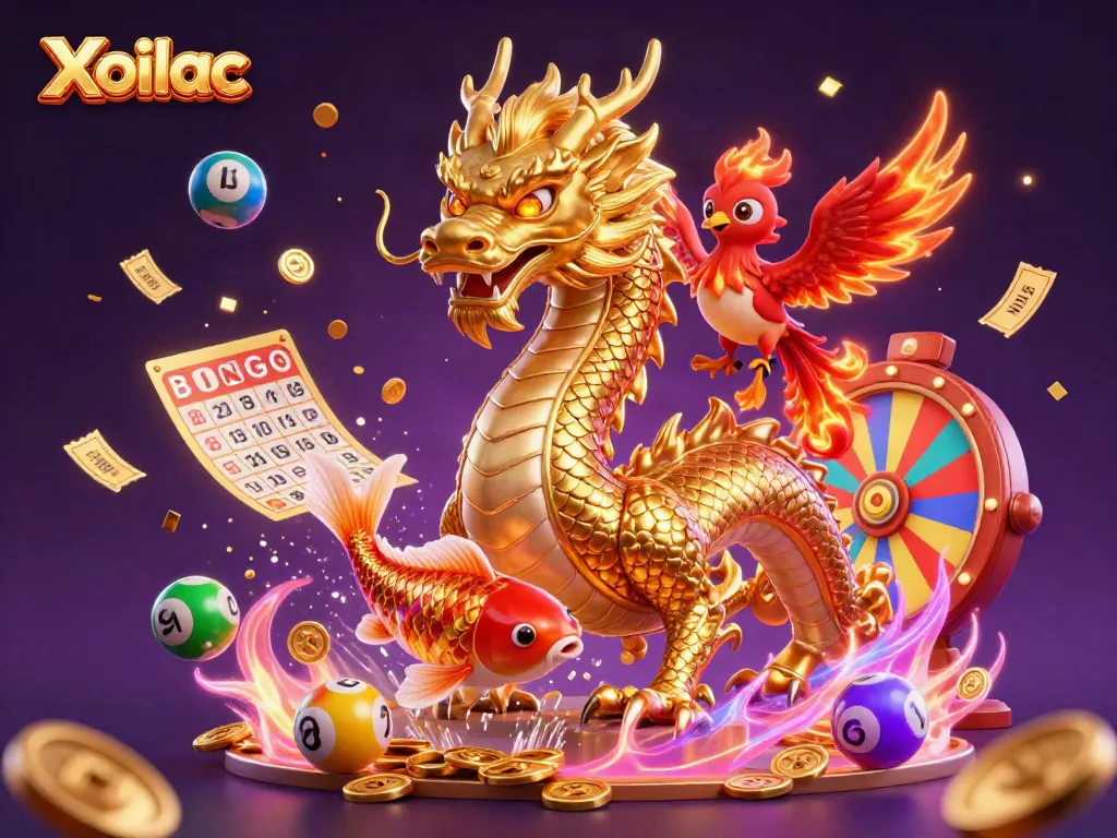 Xoilac offers vibrant, dynamic representations of winning with its rich casino theme, highlighted by a golden dragon and lively elements.