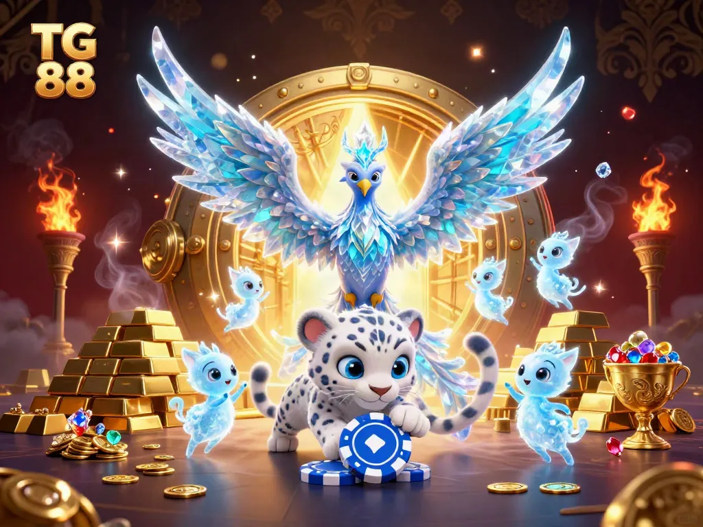 Experience the excitement of TG 88 with vibrant casino-themed characters and jewels in a dynamic scene.