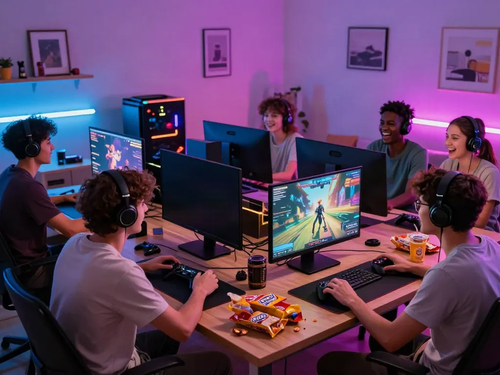 Hit club players enjoying a vibrant online gaming session amid colorful LED lights.