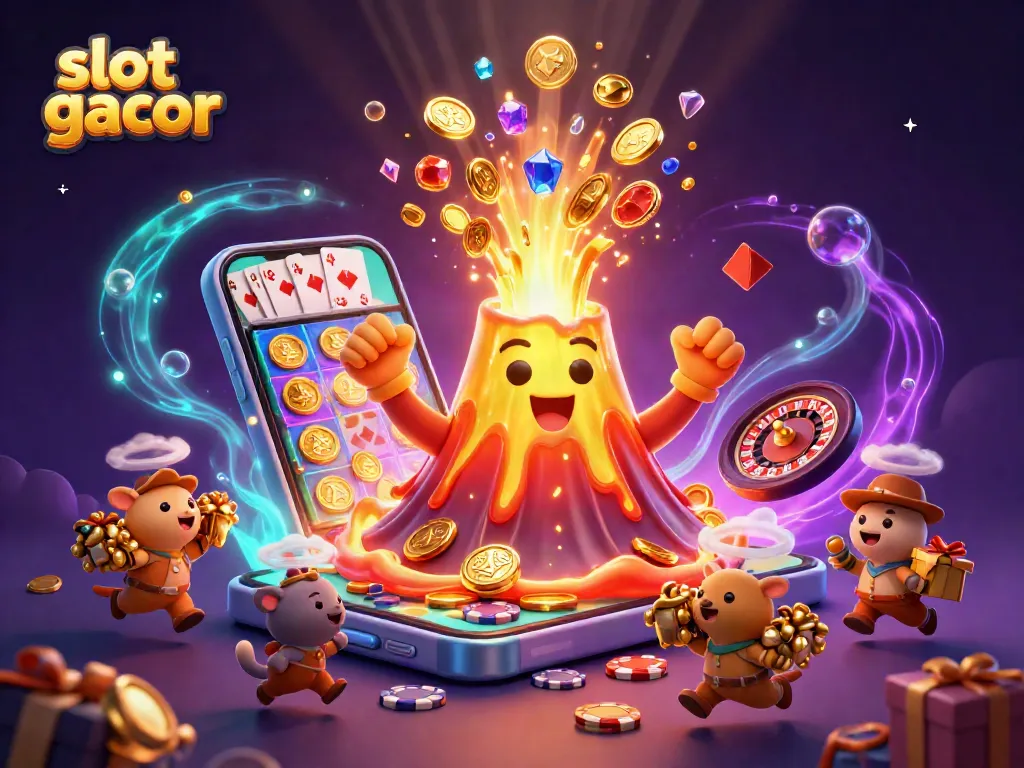 Experience thrilling slot gacor action with a golden volcano erupting treasures, showcasing a 3D casino adventure.