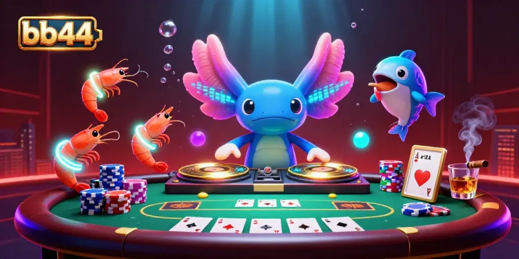 Enjoy the vibrant bb44 DJ scene featuring playful marine characters and poker elements in an energetic underwater casino.