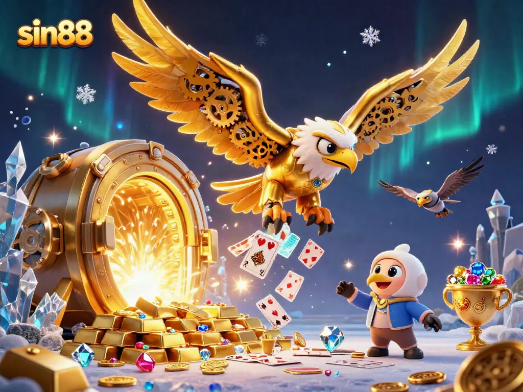 Experience thrilling gameplay at sin88 with vibrant 3D casino elements, including treasure vaults and winning cards.