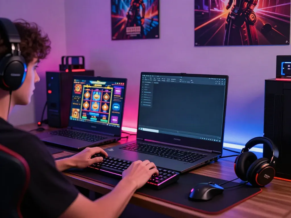 SAPPORO88 online gaming setup with vibrant player, modern laptop, and immersive atmosphere.