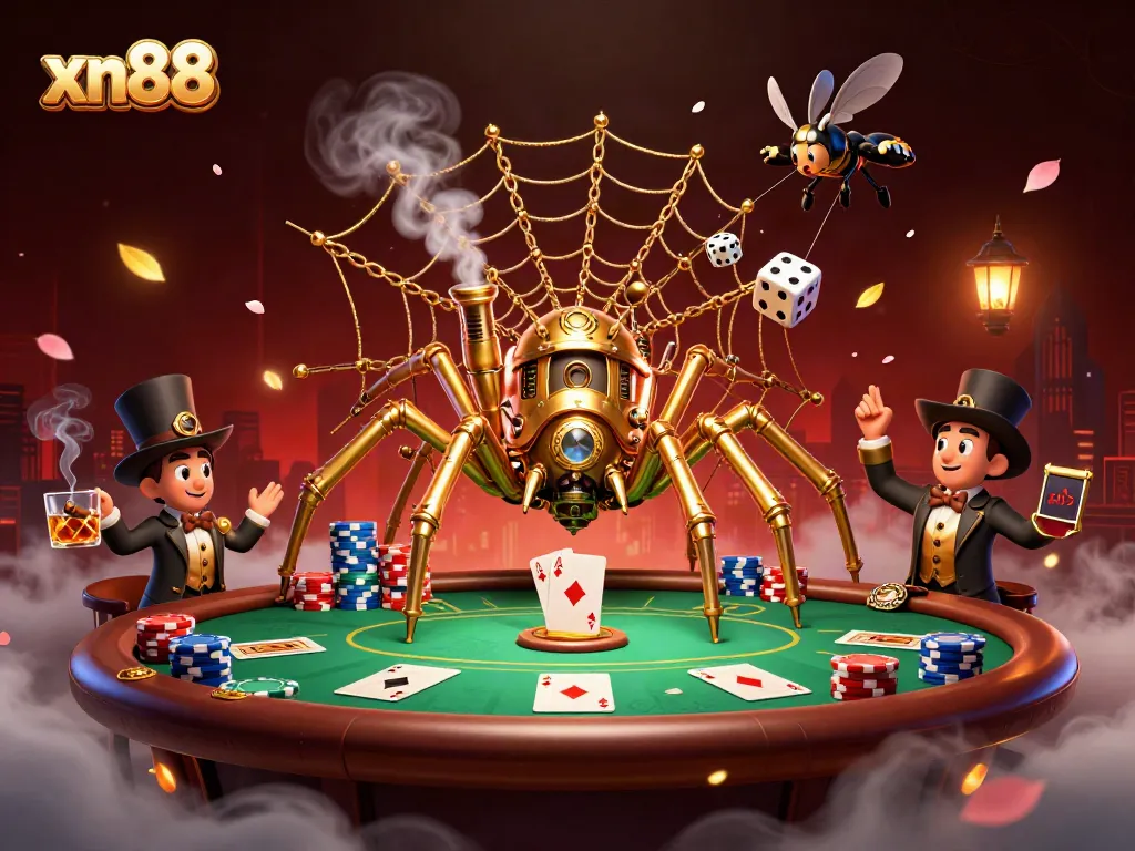 Experience exciting gameplay at xn88 with a steampunk spider and poker elements in a vibrant casino scene.