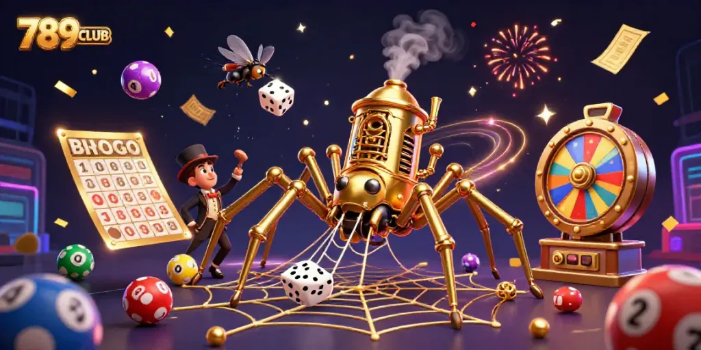 Catch winning moments with the 789CLUB steampunk spider amid vibrant lottery excitement.