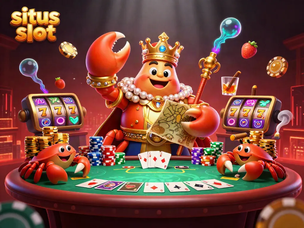 Experience excitement with situs slot as a golden crab emperor reveals treasure at a vibrant casino scene.