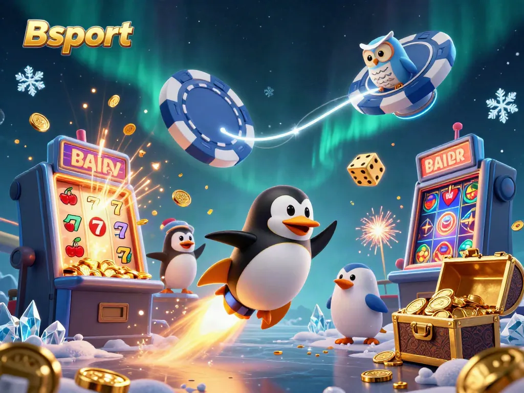 Engage with Bsport as a golden penguin blasts through a casino-themed space landscape filled with vibrant game elements.
