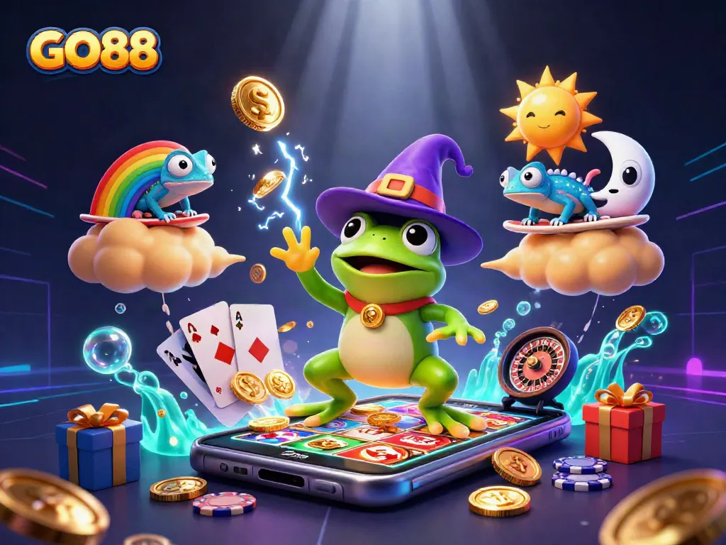 Engage with GO88 through an exciting 3D illustration featuring vibrant casino elements.
