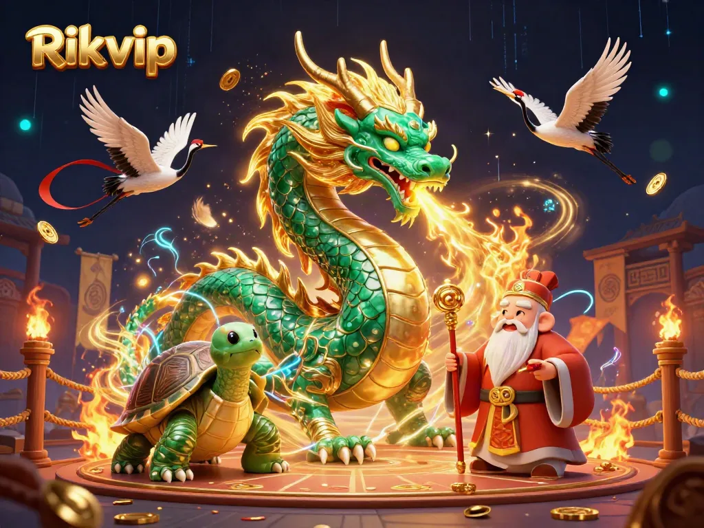 Experience the excitement of Rikvip with a vibrant 3D casino illustration featuring mythical creatures and dynamic game elements.