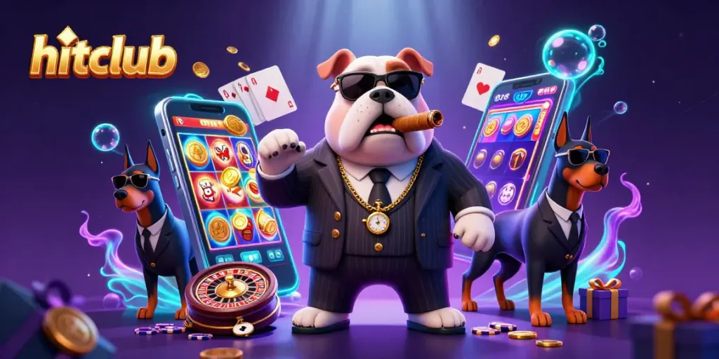 Win big with hitclub in a vibrant 3D casino scene featuring a mafia bulldog and gaming elements.