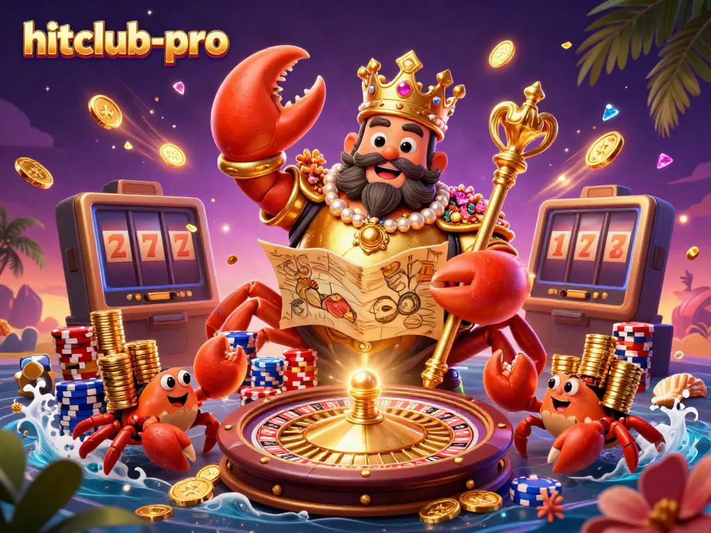 Engage with hitclub-pro's golden crab emperor surrounded by casino magic in a vibrant 3D scene.