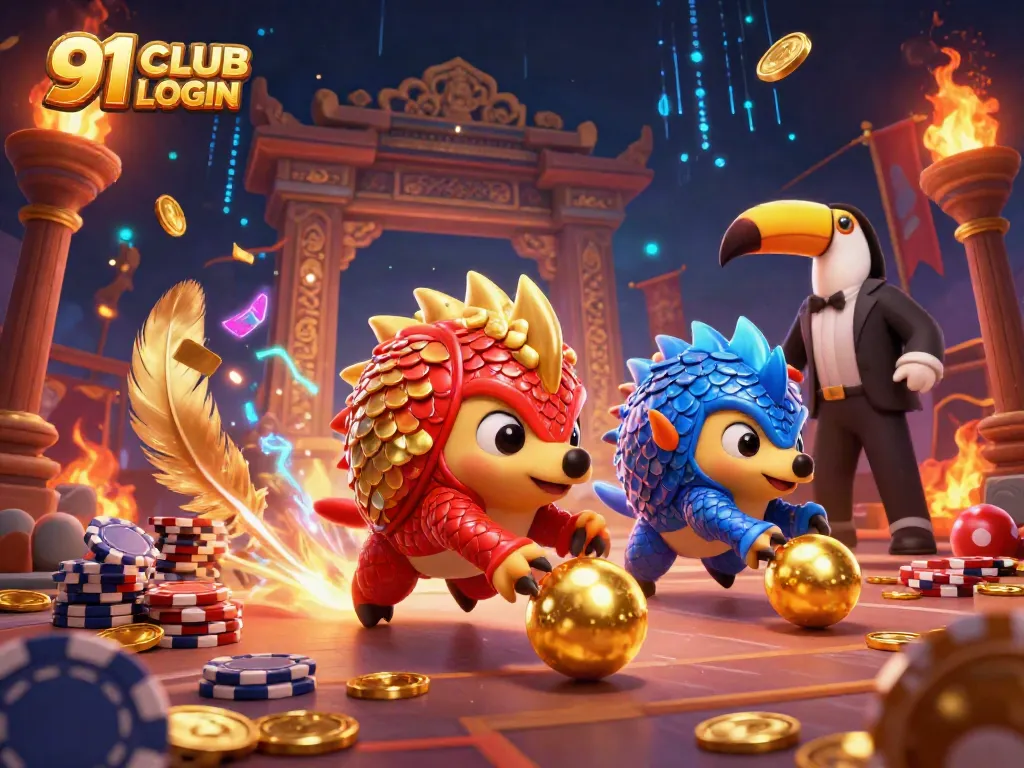 Engage in the fun of casino gaming with the 91 CLUB LOGIN featuring colorful pangolins and poker chips in action.
