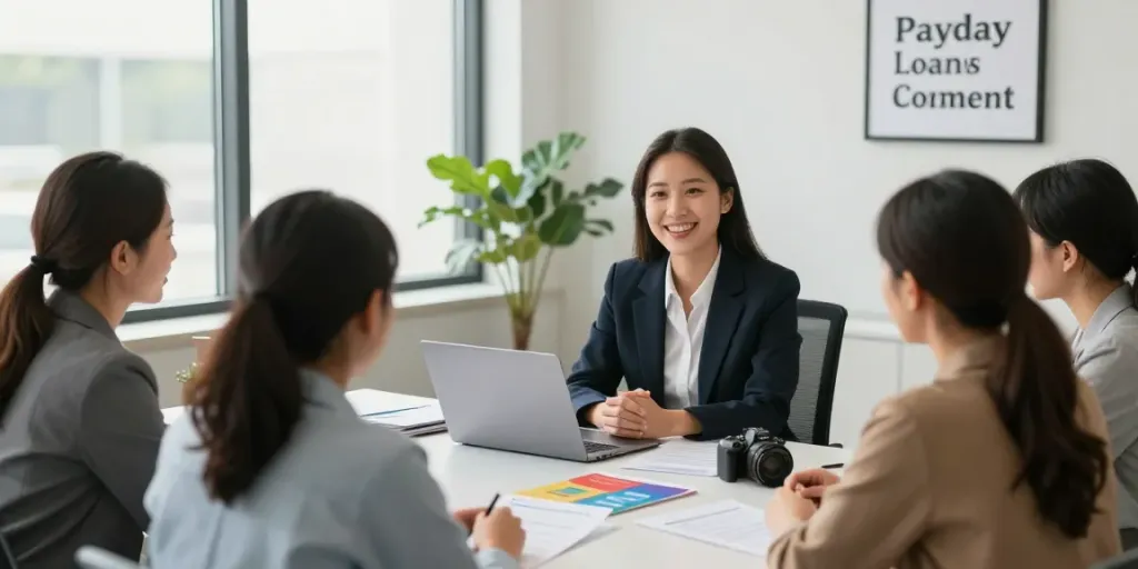 Loan advisor discussing Payday Loans Co options in a modern office.