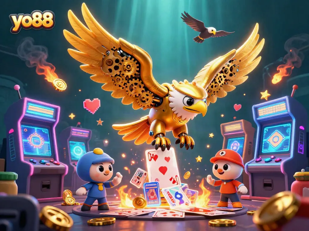 Experience thrilling gaming action with yo88 as a golden eagle dives through holographic cards.