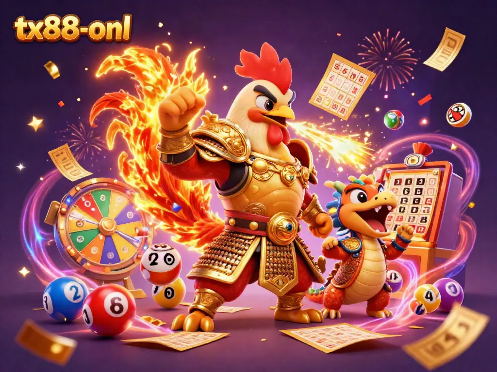 Engage in thrilling games at tx88-onl featuring dynamic characters, lottery balls, and festive elements.