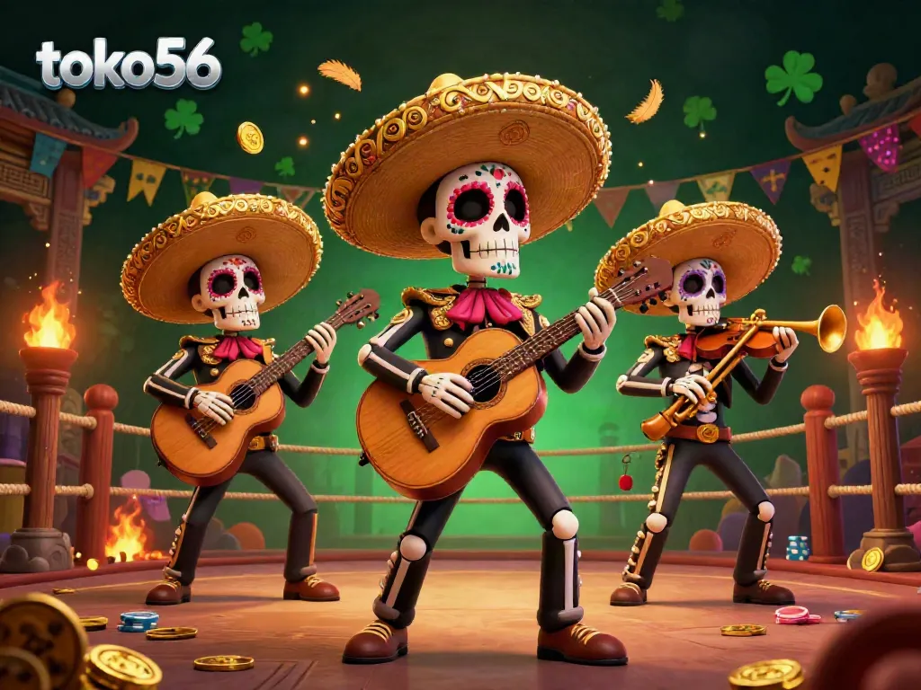 Engage with exciting slots at toko56 featuring a Day of the Dead mariachi band and rich gambling elements.