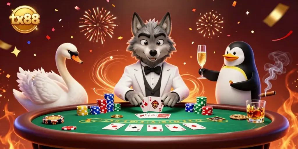 Engage with tx88's vibrant casino scene featuring a debonair wolf, elegant swan, and sophisticated penguin.