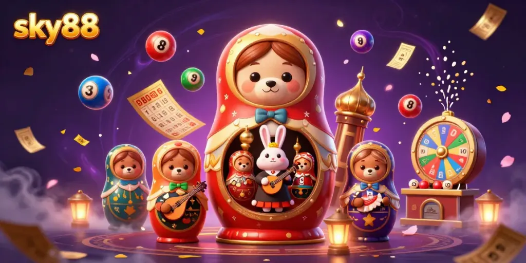 Engage with sky88's vibrant lottery scene featuring playful characters and lively gambling elements.