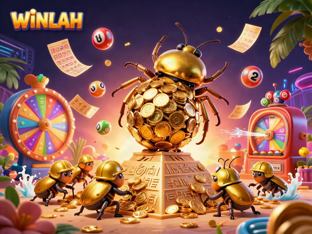 Engage with WINLAH's vibrant online gaming scene featuring golden beetles and lottery balls.