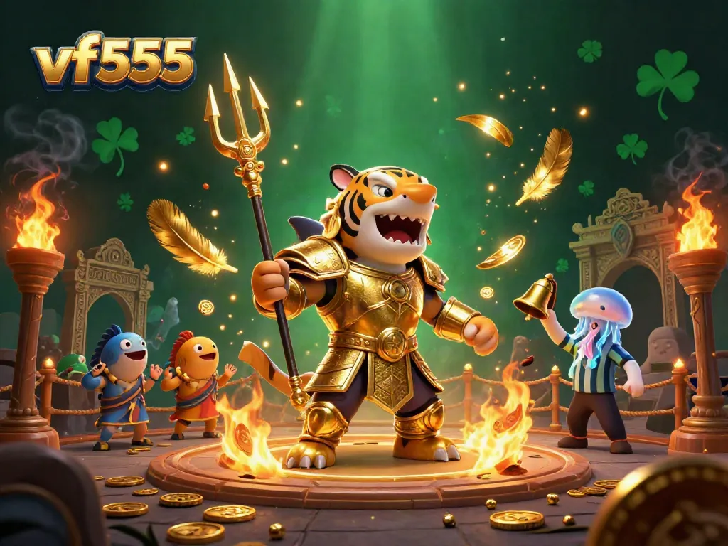 Engage in high-stakes gaming with vf555 alongside a fierce shark gladiator in a dynamic underwater colosseum.