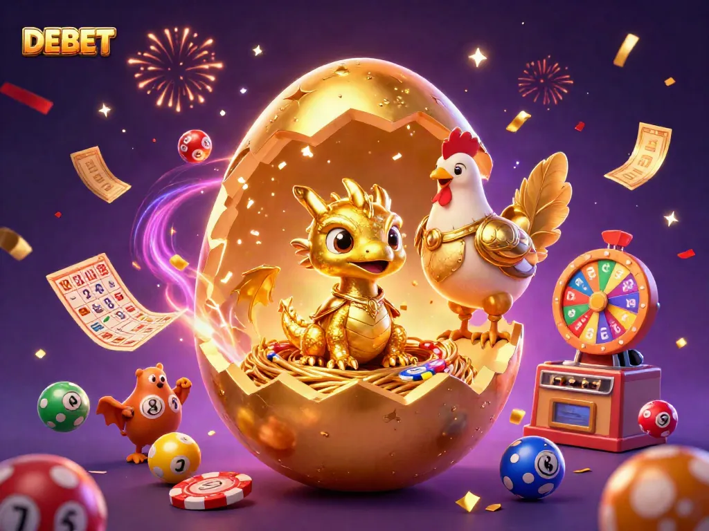 Experience thrilling wins at DEBET with a golden dragon guarding poker chips in a vibrant 3D casino.
