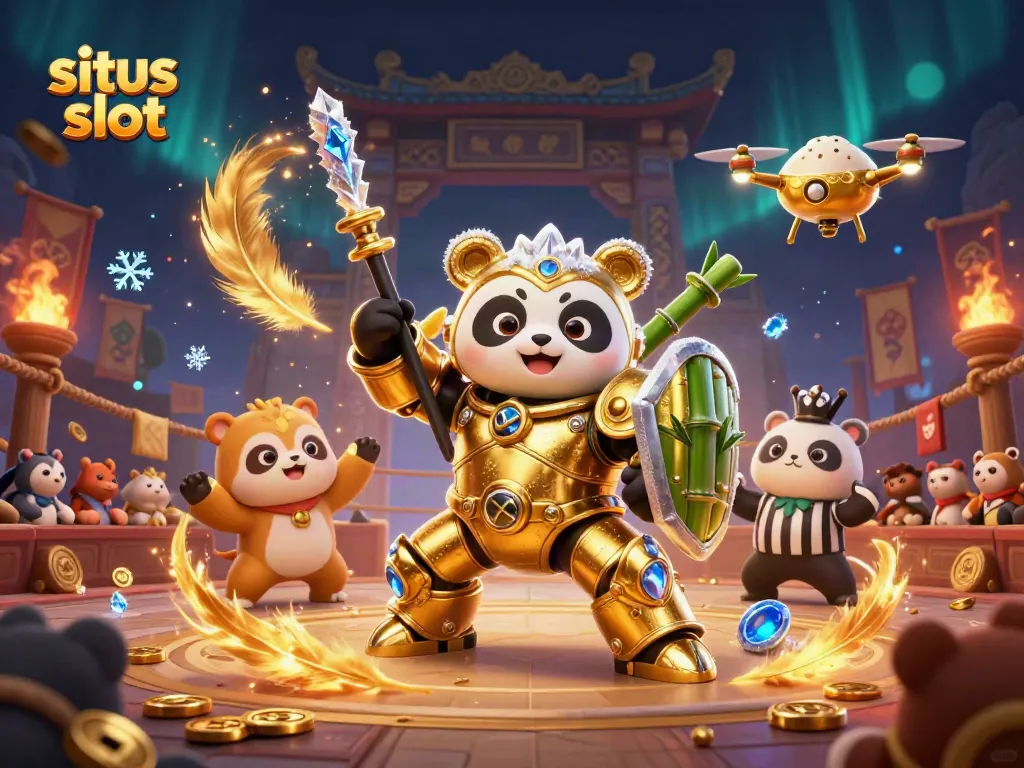 Slot yang menarik di situs slot menampilkan panda emas bertarung dengan robot, dikelilingi penonton hewan.