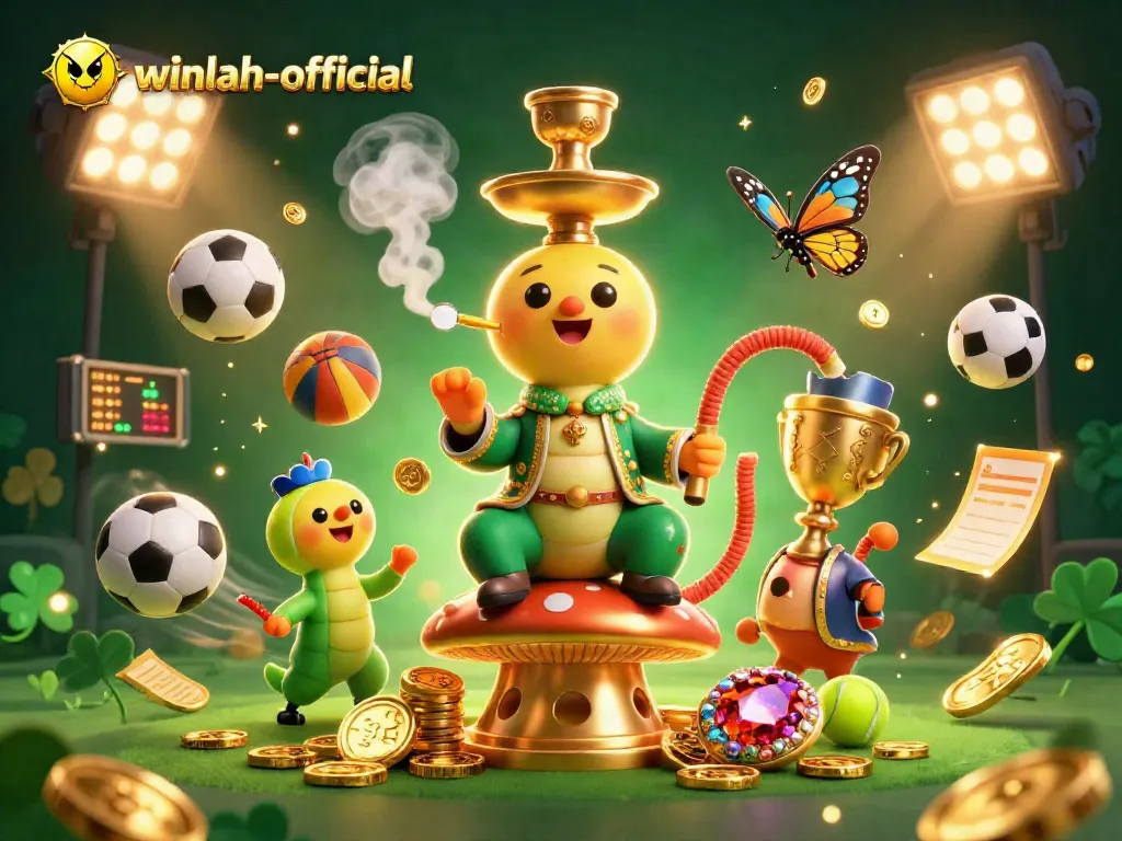 Join the excitement at winlah-official with a lively casino scene showcasing classic poker symbols and sports elements.