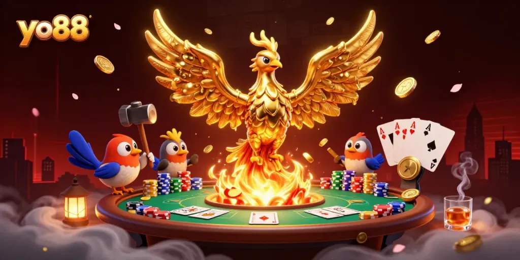 Experience thrilling winnings at yo88 with a vibrant casino scene featuring a molten metal phoenix.