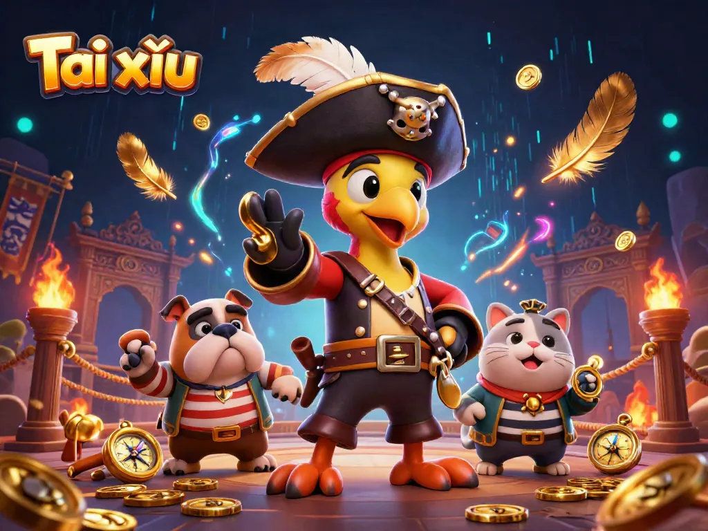 Tài xỉu pirate scene depicts energetic characters amidst gold coins and vibrant elements in a casino atmosphere.