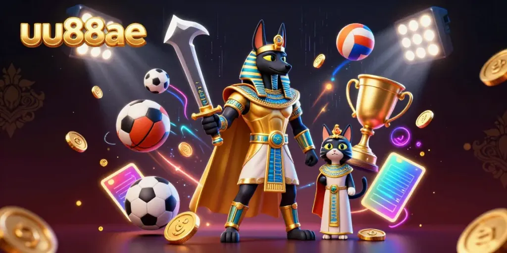 Experience the vibrant excitement at uu88ae with Anubis and Bastet surrounded by dynamic sports elements and games.