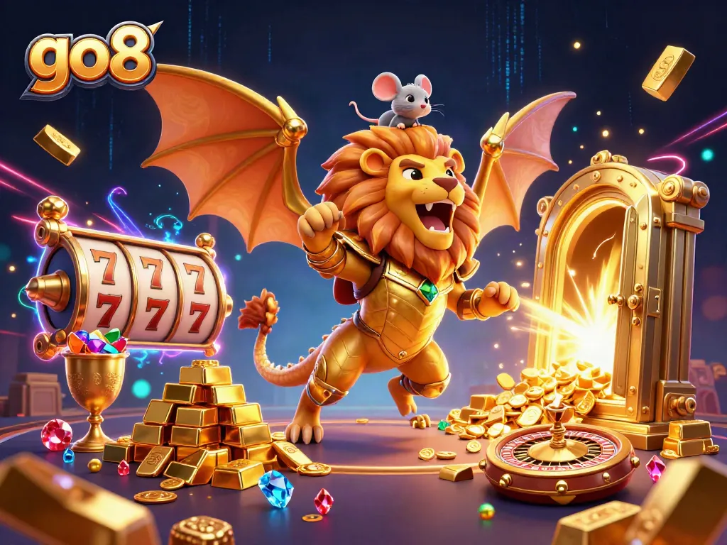 Engage with go8's thrilling slot adventures, featuring a golden chimera beast and energetic game elements.