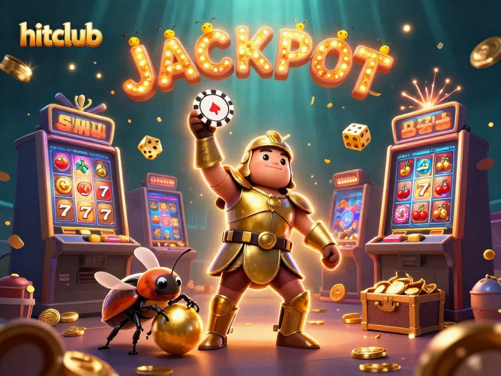 Hitclub casino scene featuring a victorious hercules beetle with a poker chip and jackpot fireworks.