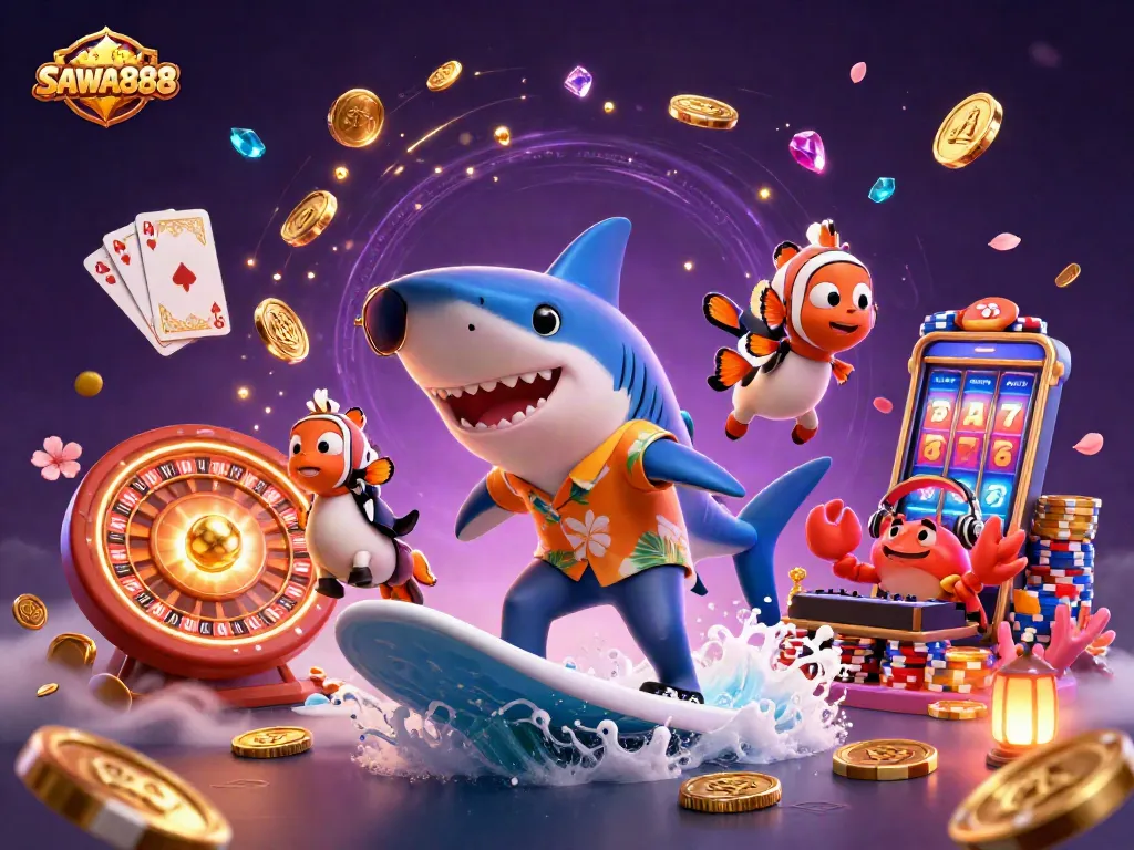 Surf exciting casino games with SAWA888's vibrant and playful illustration, featuring a thrilling ocean of gold.